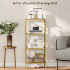 4-Tier Shelving Unit, Glass Shelf, Vertical Storage Shelf for Living Room, Home Office, Bedroom, Bathroom, Gold Tone