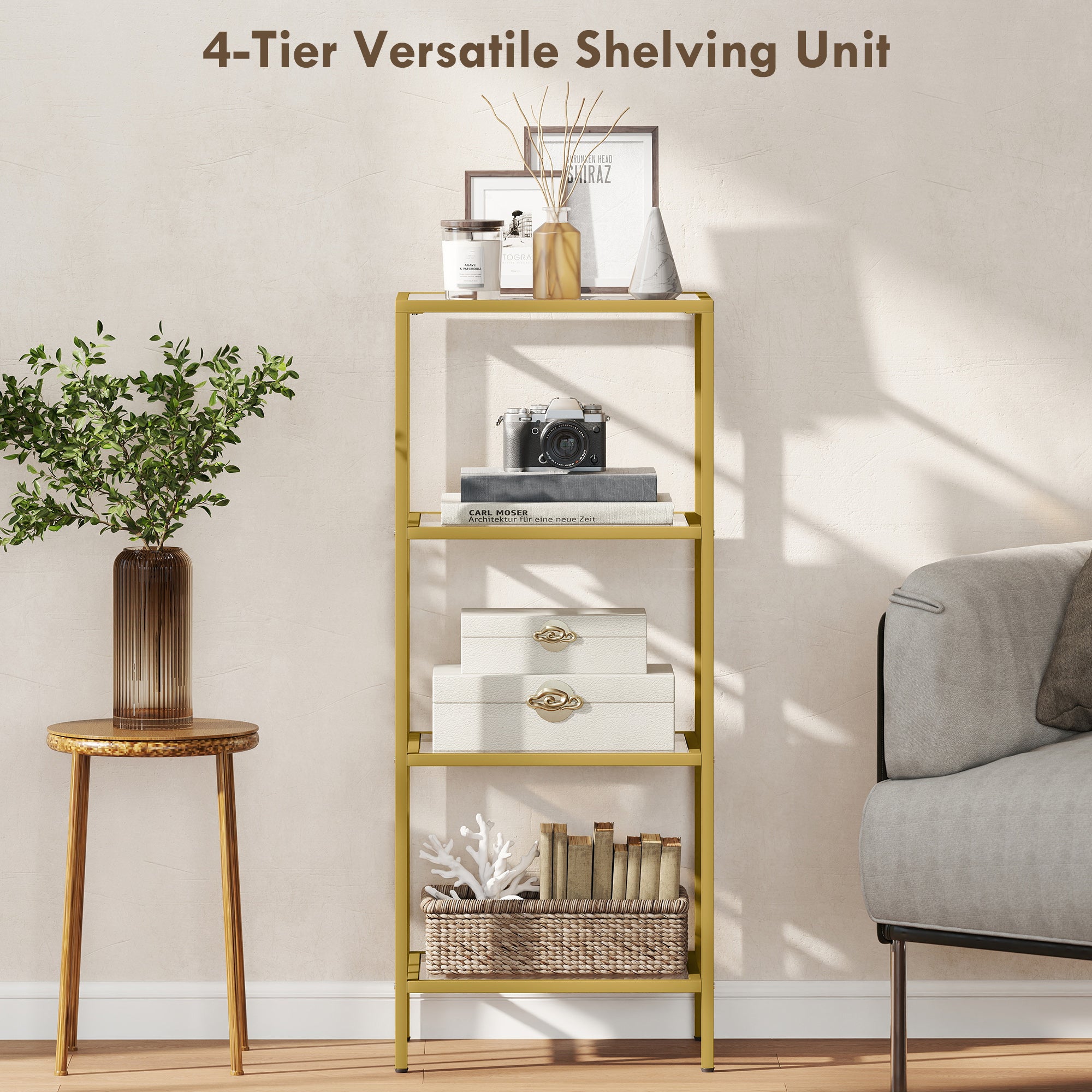 4-Tier Shelving Unit, Glass Shelf, Vertical Storage Shelf for Living Room, Home Office, Bedroom, Bathroom, Gold Tone