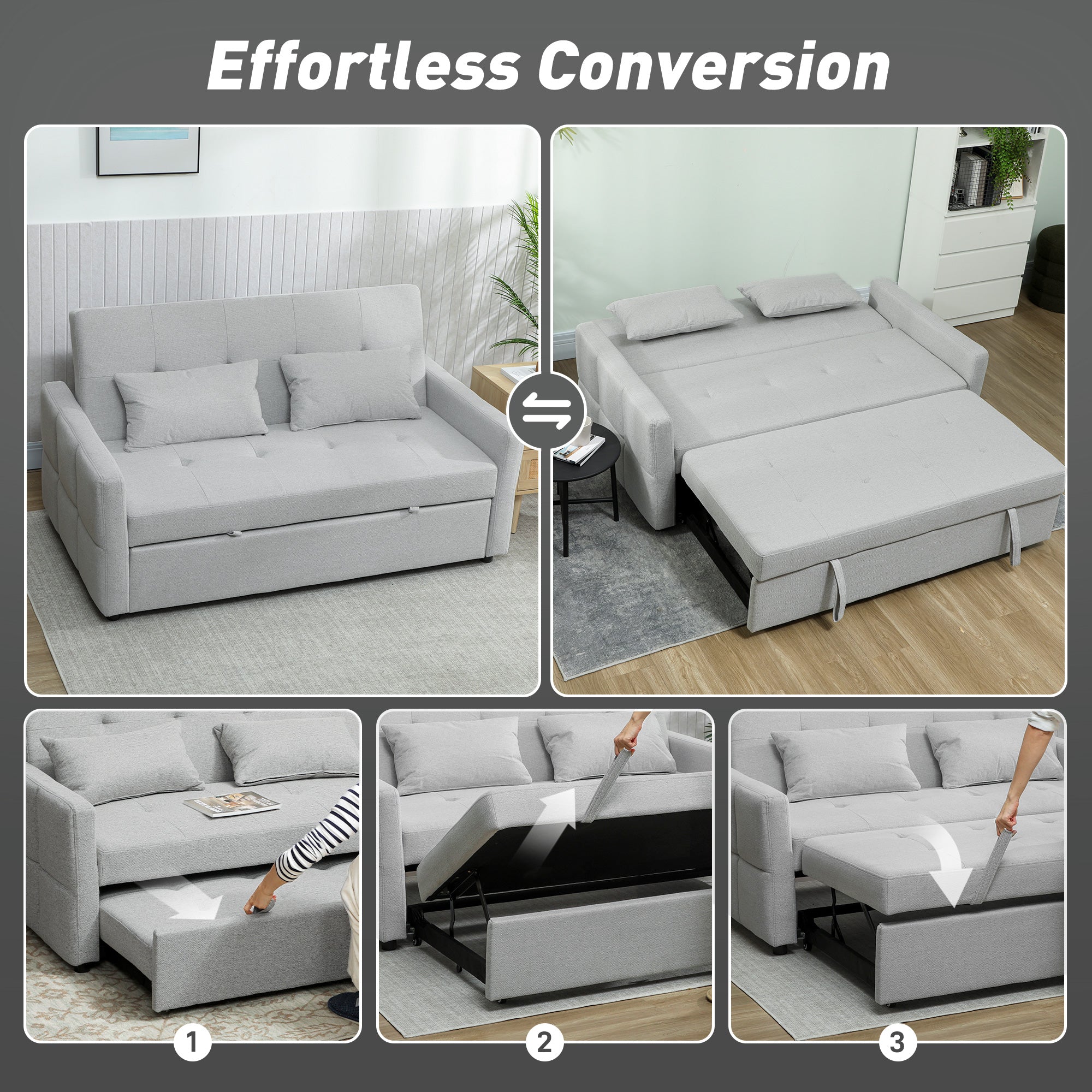 Three-Way Two-Seater Sofa Bed - Light Grey