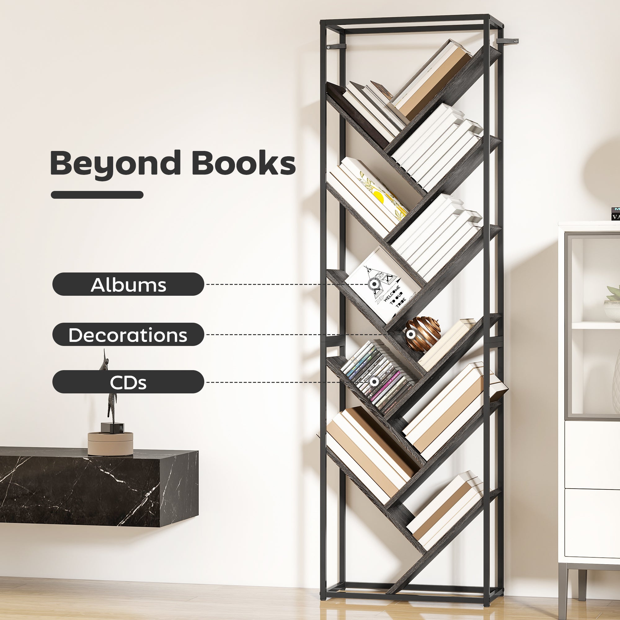 10 Shelf Industrial-Style Bookshelf - Black/Grey
