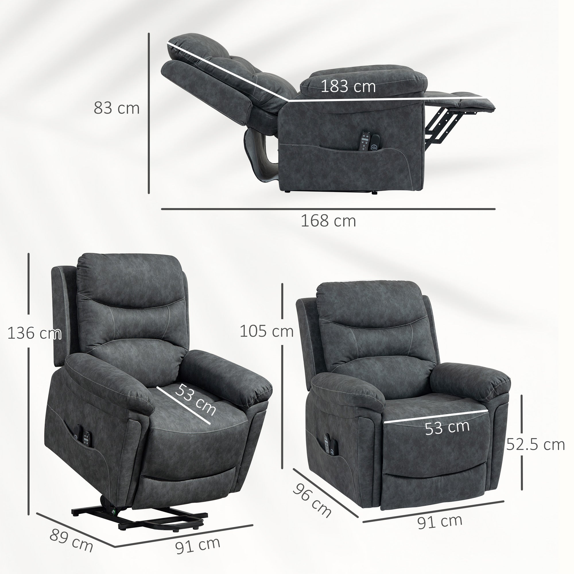 Power Lift Recliner Chair with Vibration Massage, Heat, USB - Grey