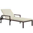 Cream white rattan sun lounger with five-level backrest, cushion and wheels