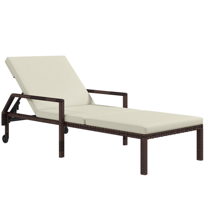 Cream white rattan sun lounger with five-level backrest, cushion and wheels