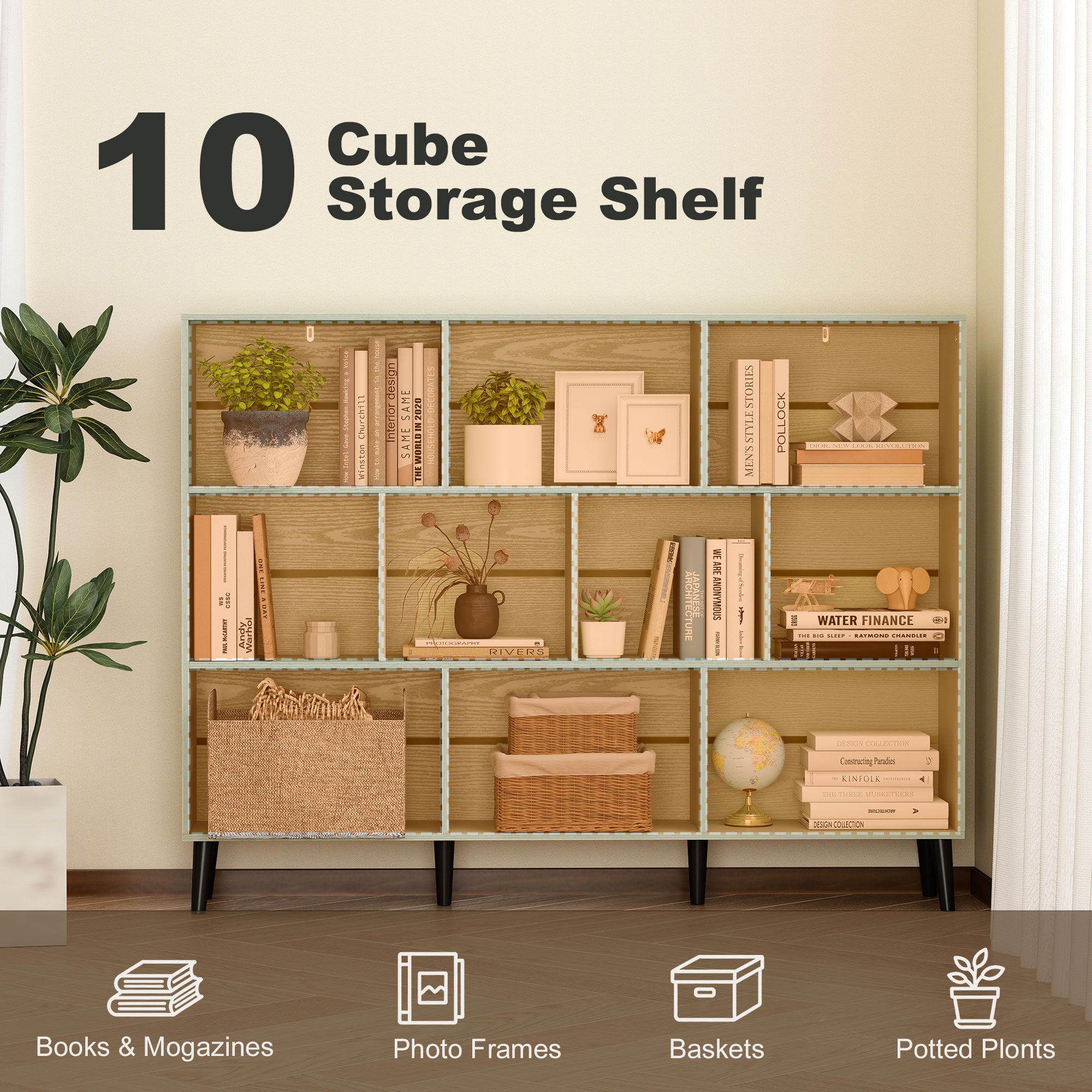 10-Cube Bookcase, 3-Tier Book Shelf with Solid Wood Legs, 140 cm Modern Bookshelf with Anti-Tip Kit, Light Green