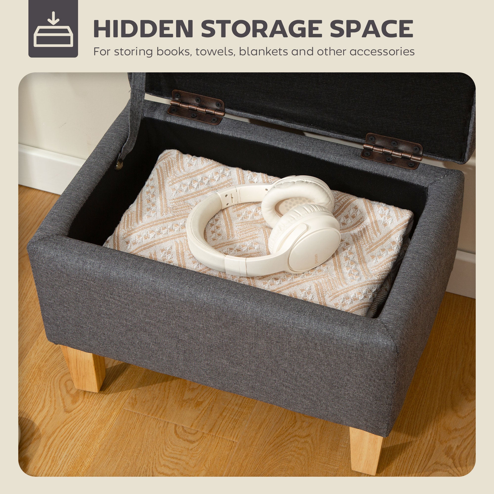 16L Linen Storage Ottoman Padded Footstool with Rubberwood Legs for Storage Box, Bed End, Shoe Bench, Seating, Charcoal Grey