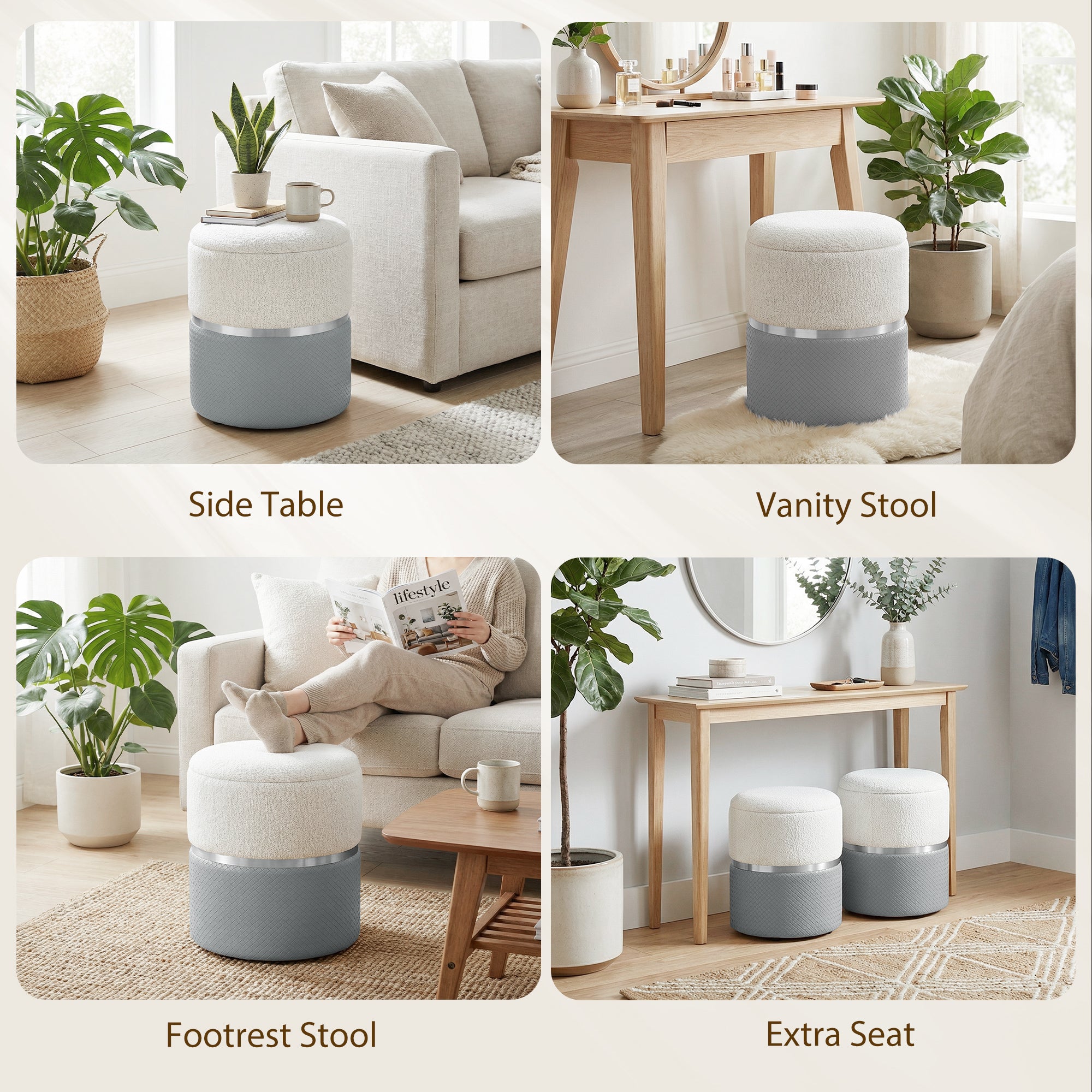 Nesting Round Ottoman with Storage Set of 2 - Cream/Grey