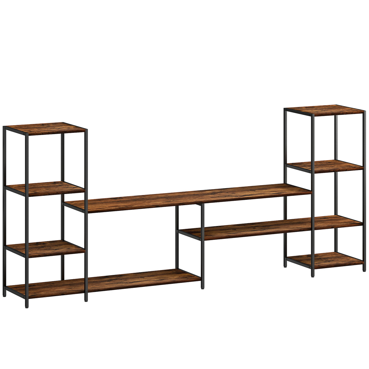 212 cm Industrial TV Stand with 8 Side Shelves – Rustic Brown