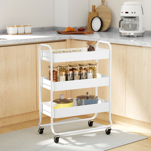 HOMCOM 3-Tier Storage Trolley on Wheels with Mesh Baskets - White