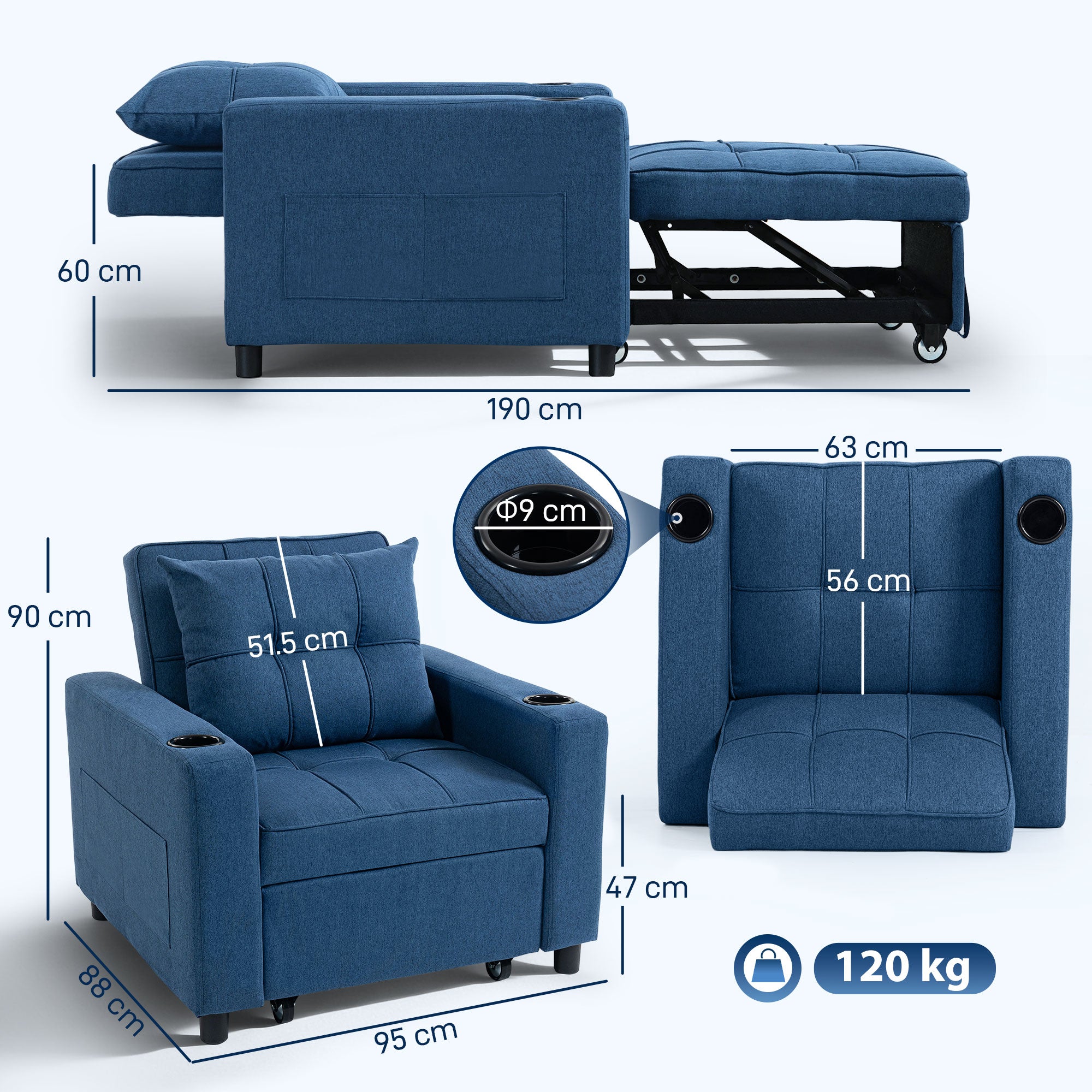3-in-1 Single Sofa Bed, Convertible Sleeper Chair Bed - Dark Blue