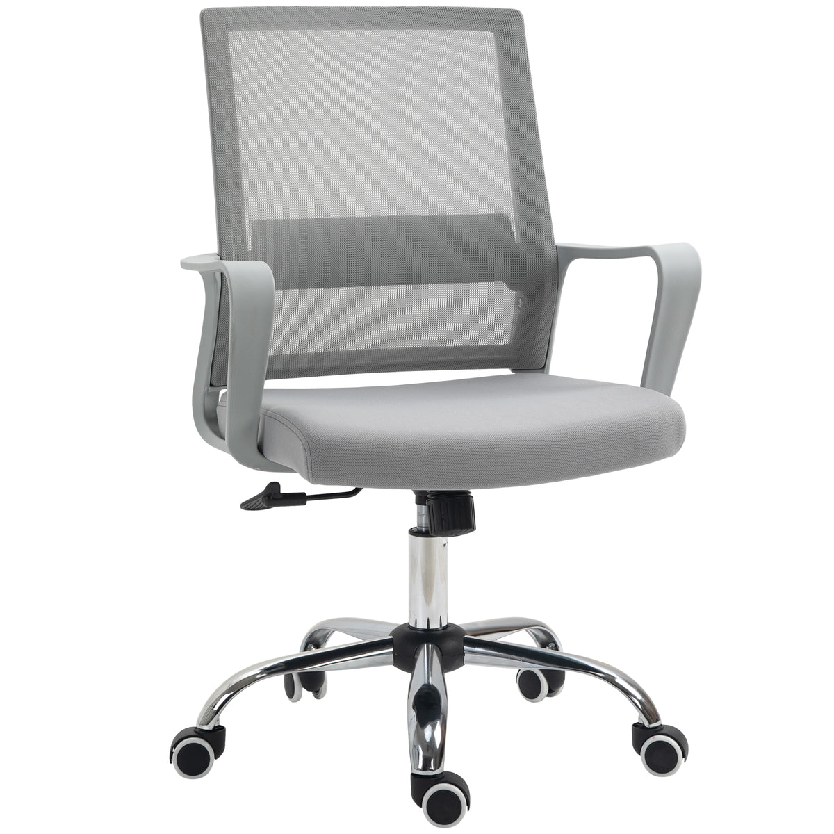 Grey ergonomic mesh desk chair with curved back, padded seat, armrests and castor wheels