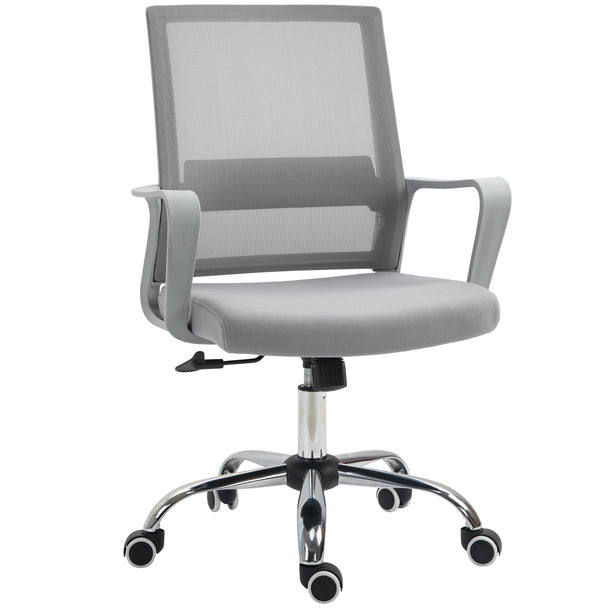 Grey ergonomic mesh desk chair with curved back, padded seat, armrests and castor wheels
