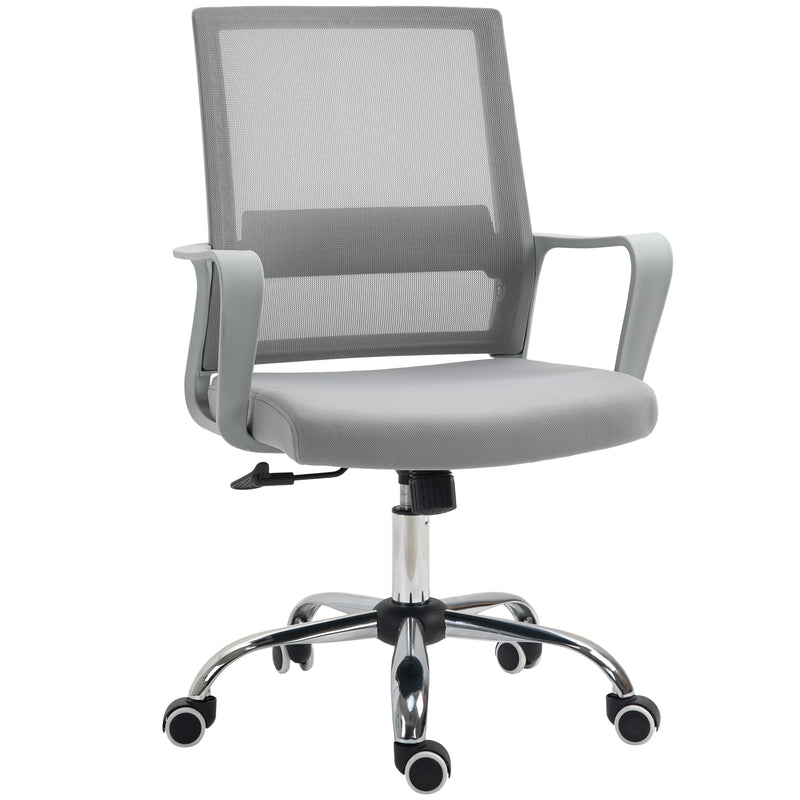 Grey ergonomic mesh desk chair with curved back, padded seat, armrests and castor wheels