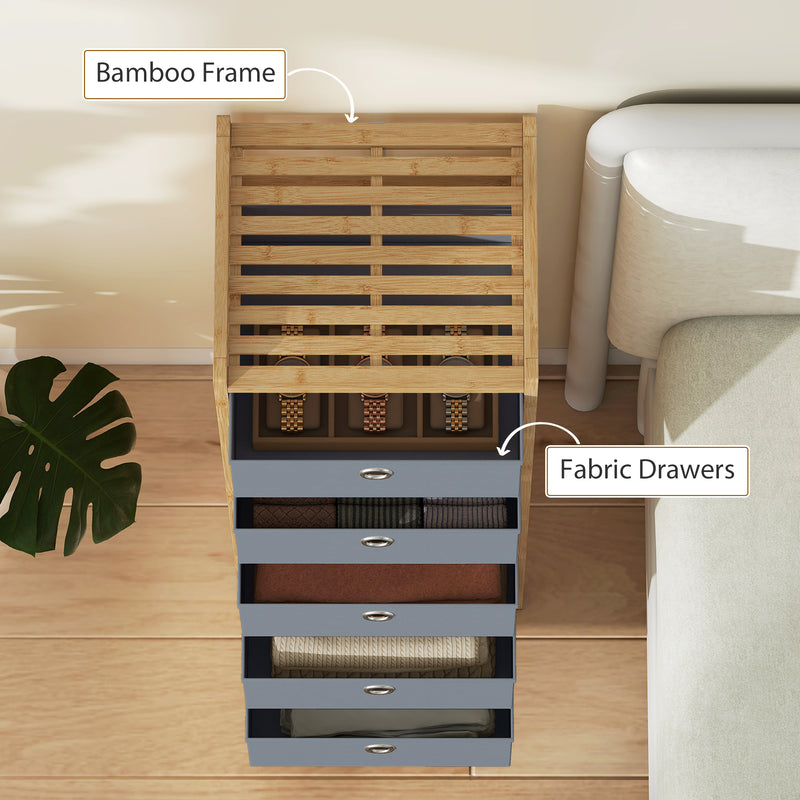HOMCOM Chest of Drawers, 5 Fabric Drawers Narrow Dresser with Bamboo Frame, Light Grey – view 7