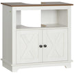 White under sink bathroom cabinet with double doors, open shelf and brown top
