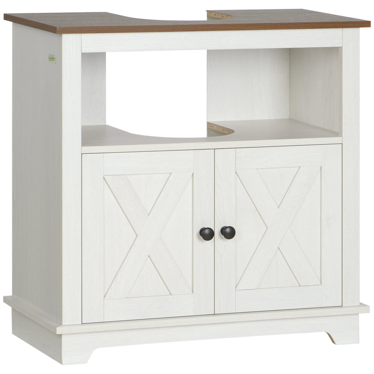 White under sink bathroom cabinet with double doors, open shelf and brown top