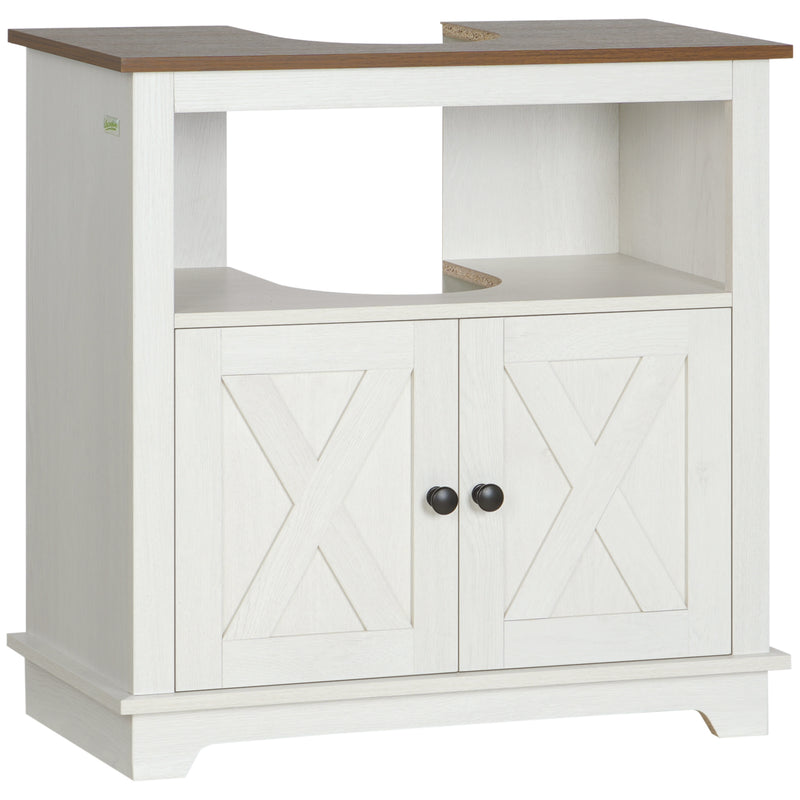 White under sink bathroom cabinet with double doors, open shelf and brown top
