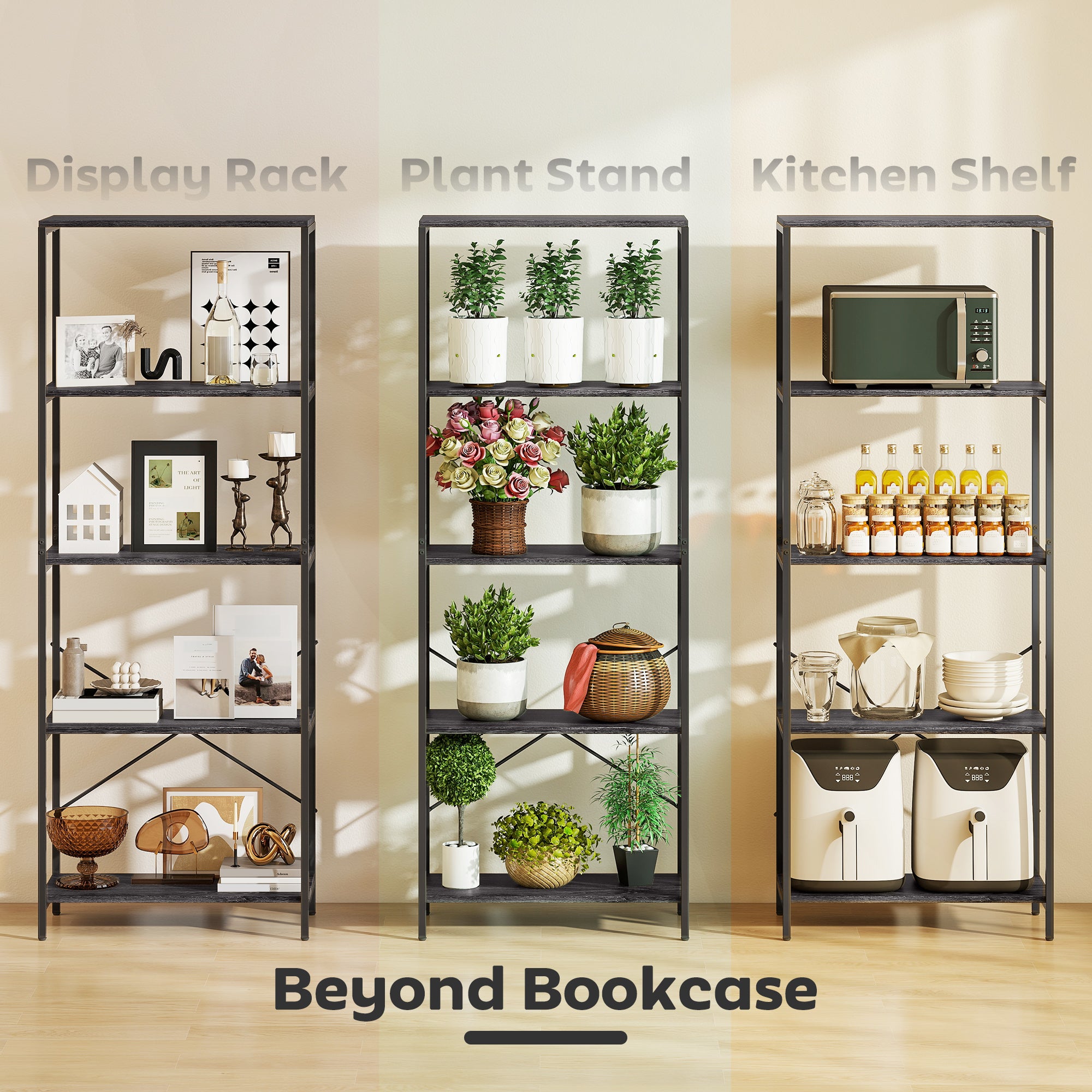 5-Tier Bookshelf, Industrial Bookcase with Metal Frame - Dark Grey and Black