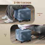 Small Ottoman, Square Footstool with Side Pocket, Rubber Wood Legs and Padded Seat for Living Room, Dark Blue
