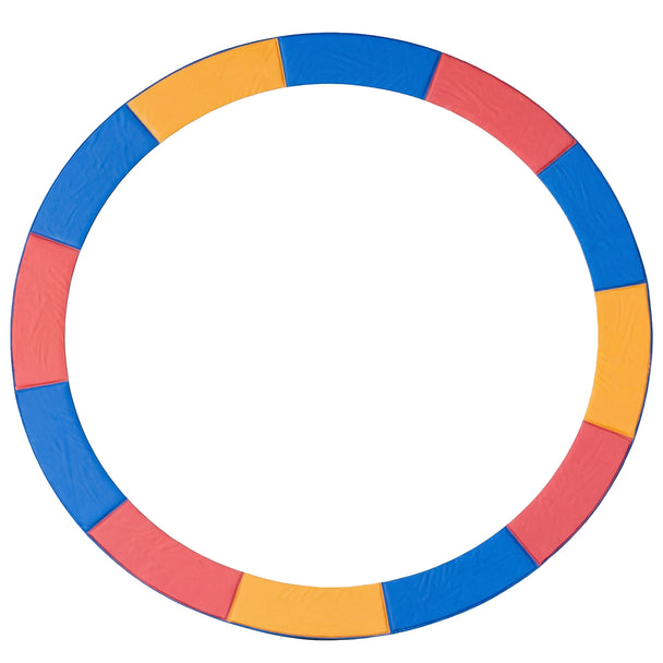 Red, yellow and blue 12ft trampoline spring cover pad around a round trampoline frame