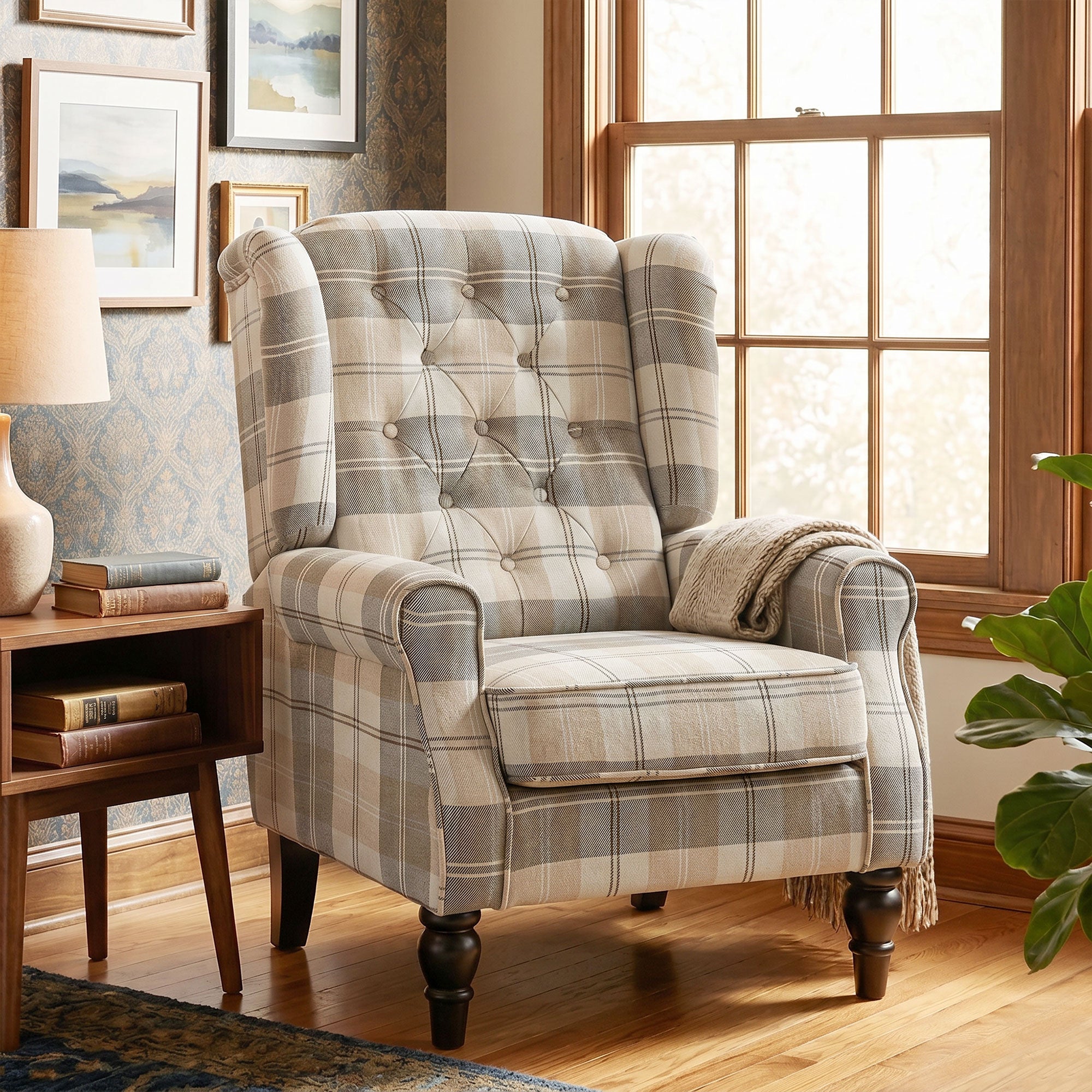 Wingback Accent Chair, Linen-Look Fabric Armchair with Thick Spring Cushion, High Back, Khaki Plaid