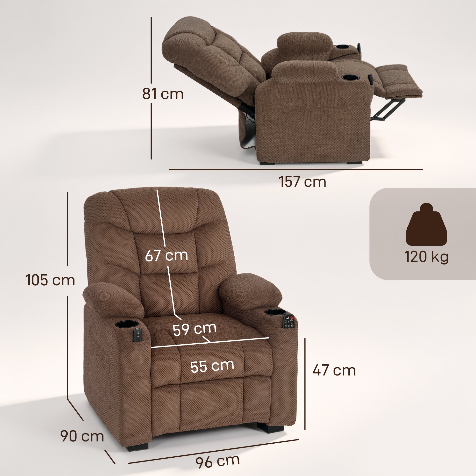 Electric Massage Recliner Armchair with Vibration, Heat, Whisper-Quiet Motor, Memory Function, Fleece Power Reclining Chair with Spring Pack, USB Port, Footrest, Side Pocket, Brown