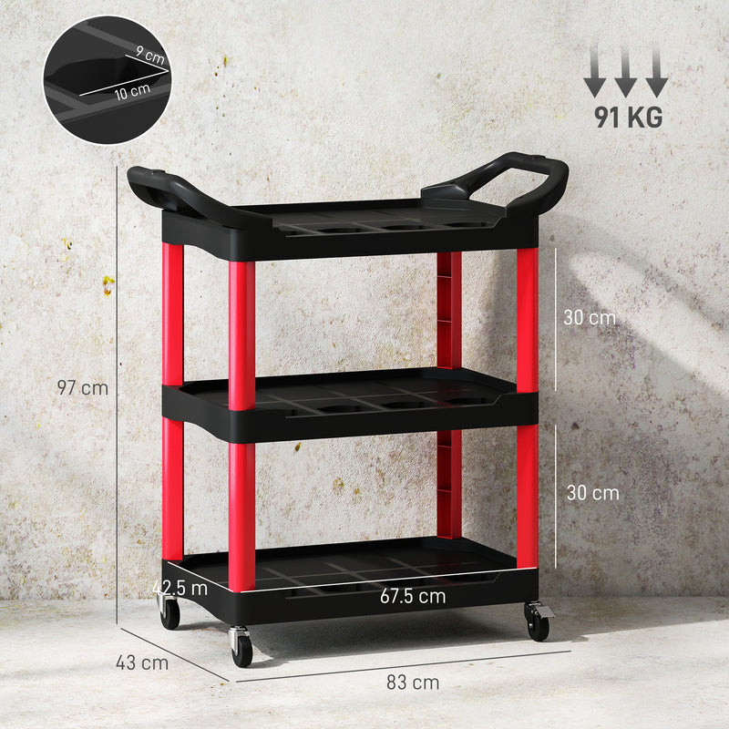 3-Tier Rolling Tool Trolley with Handles, 91kg Capacity – Black/Red – image 3 of 9