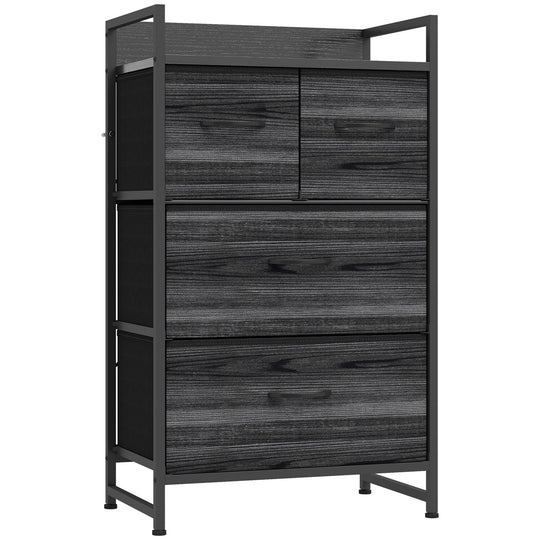 HOMCOM Rustic Chest of Four Fabric Drawers - Black Wood Effect