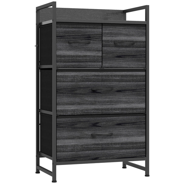 HOMCOM Rustic Chest of Four Fabric Drawers - Black Wood Effect