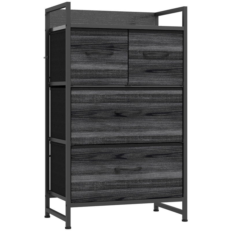 HOMCOM Rustic Chest of Four Fabric Drawers - Black Wood Effect