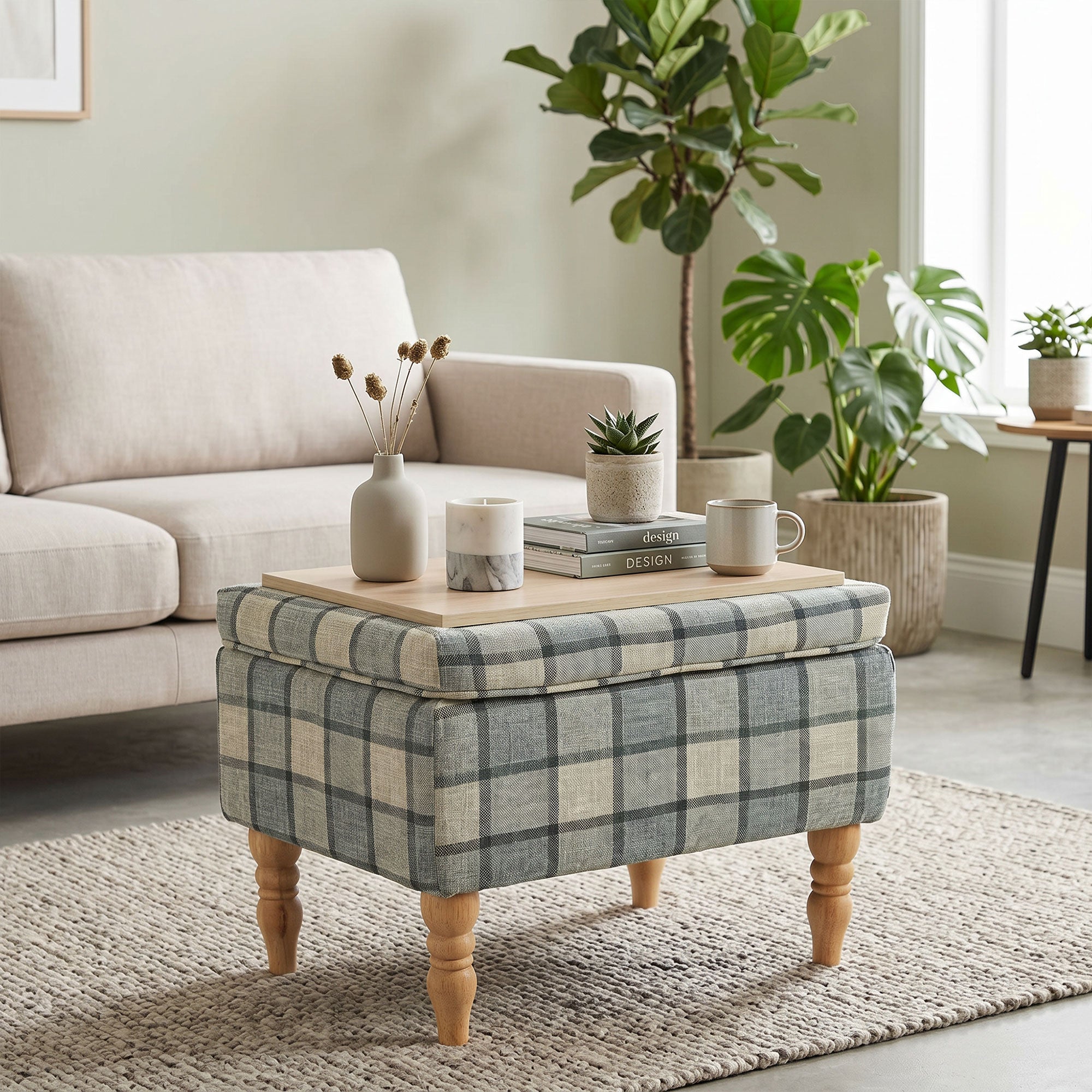 Linen Fabric Upholstered Footstool, Rectangular Storage Stool with Removable Top, Padded Seat and Hidden Space, Grey