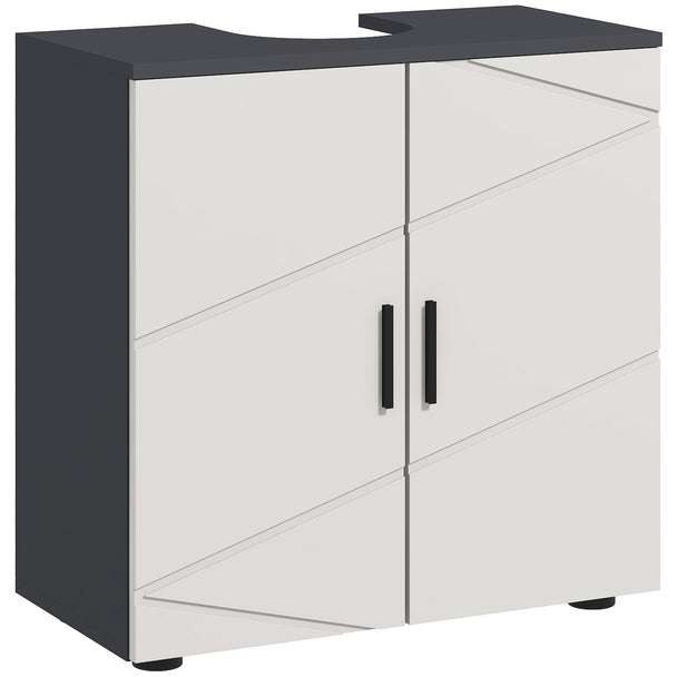Light grey under sink bathroom cabinet with U-shaped cut-out and double doors