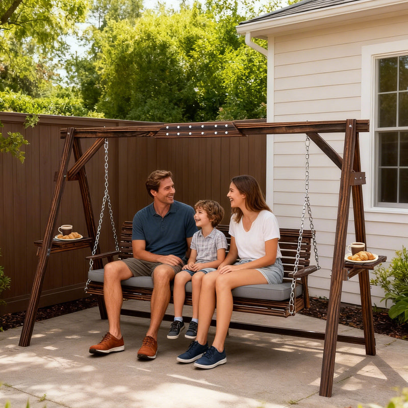 Outsunny 3 Seater Garden Swing Seat, Wooden Swing Chair Bench with Cushion, Side Trays and Metal Chains, for Outdoor – view 10
