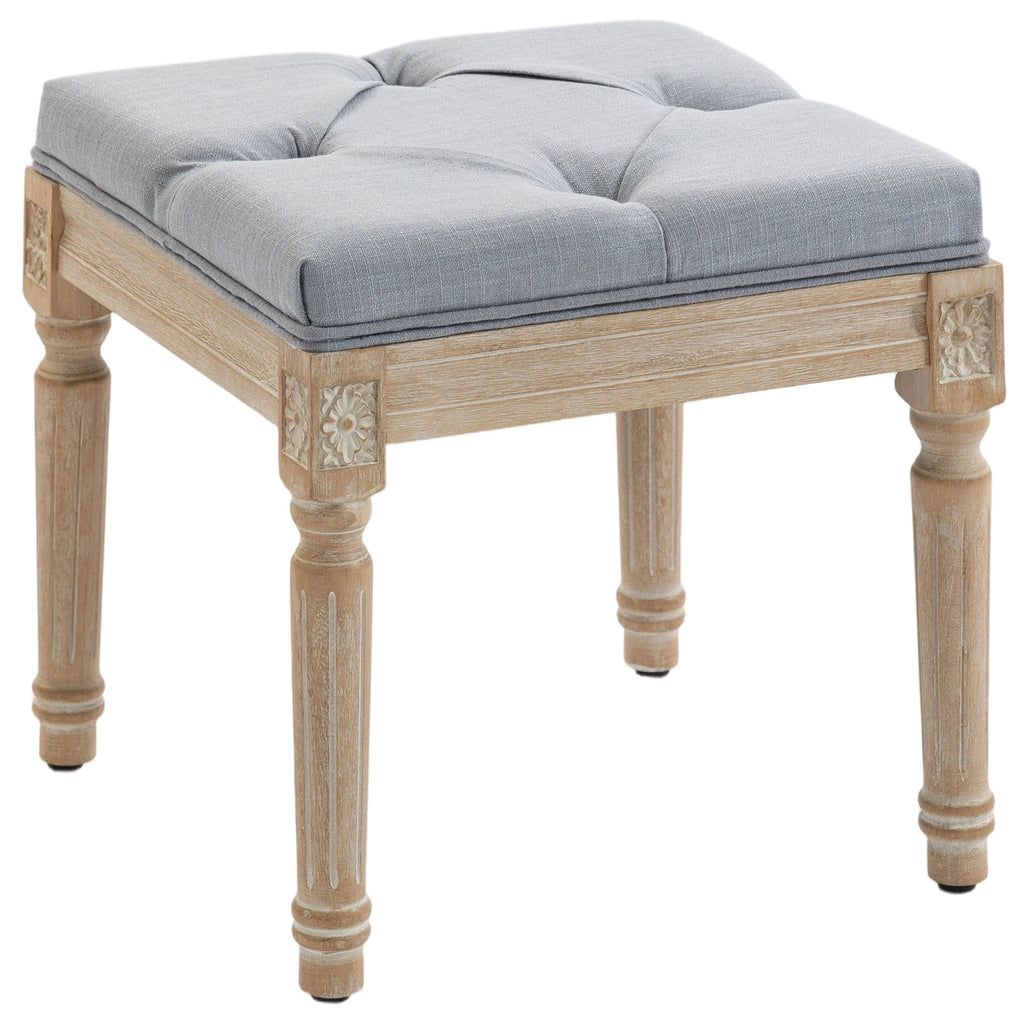 Vintage Foot Stool, Tufted Square Footrest with Wood Legs, Light Grey