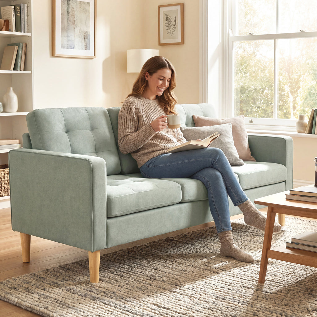 3 Seater Sofa, 169cm Couch with Hidden Storage, Wood Legs, Light Grey