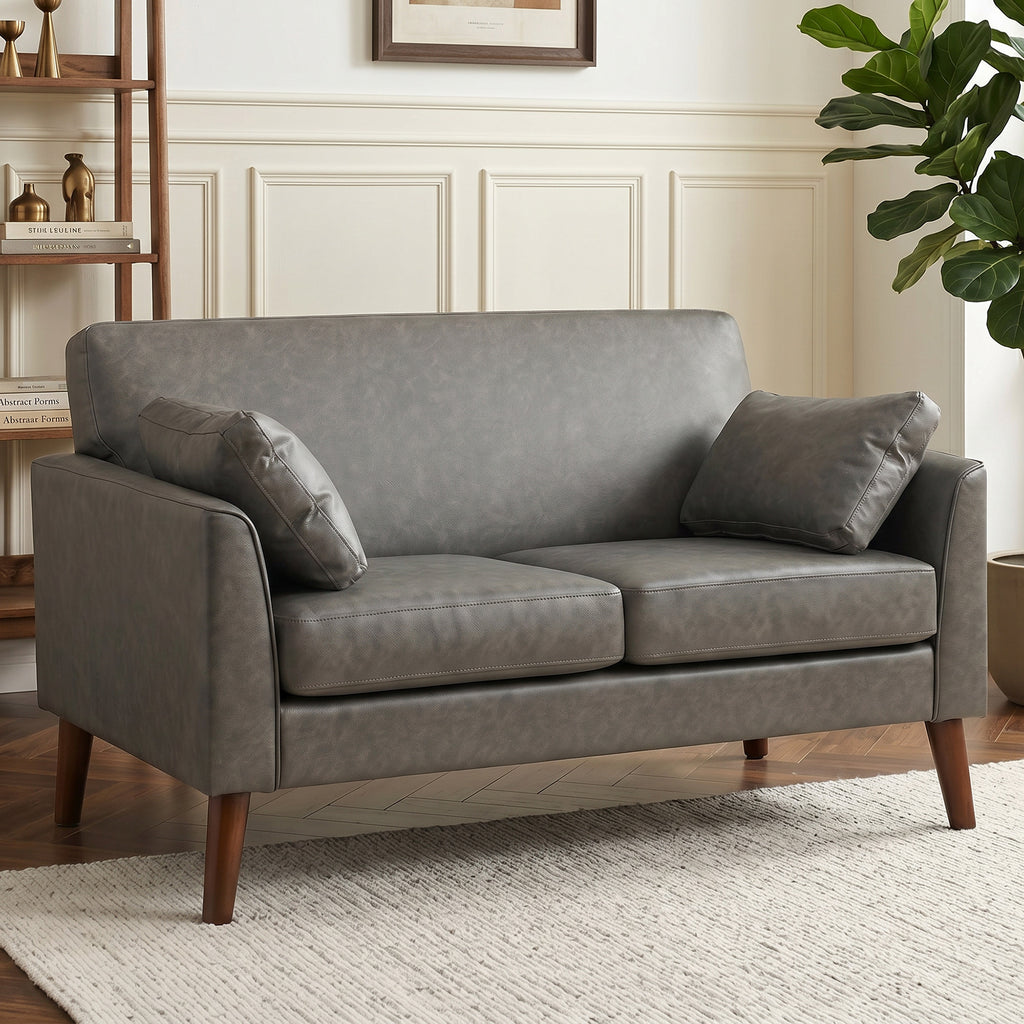 2 Seater Sofa, 132 cm Modern Small Sofa with Solid Wood Legs and 2 Pillows for Small Space, Grey