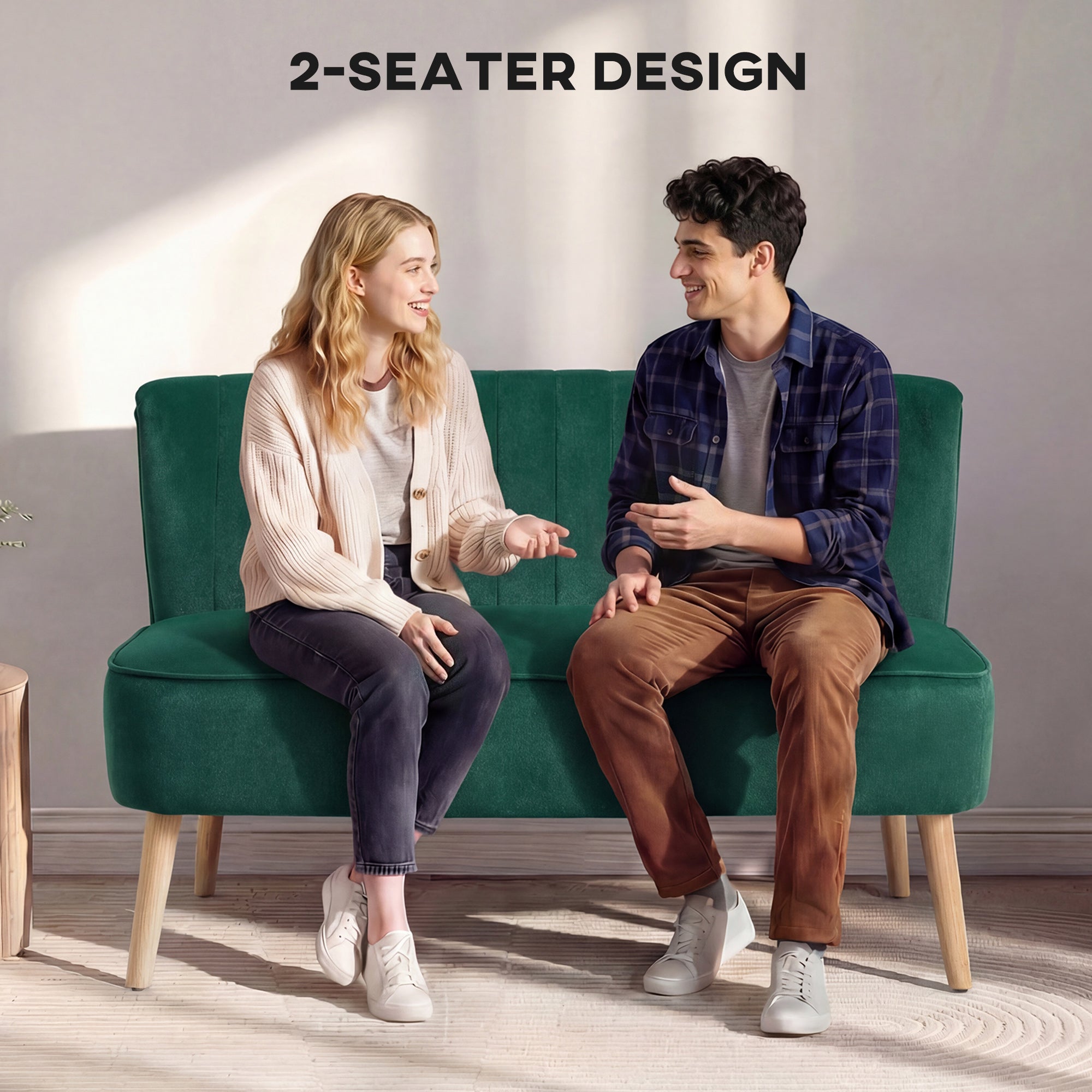 117cm Loveseat Sofa Upholstered Small 2 Seater Sofa  with Thick Padded Seat and Rubber Wood Legs, Dark Green