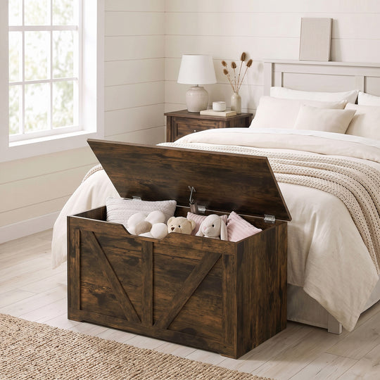 HOMCOM 100L Home Storage Box, with Safety Hinge - Rustic Brown Wood-Effect – view 2