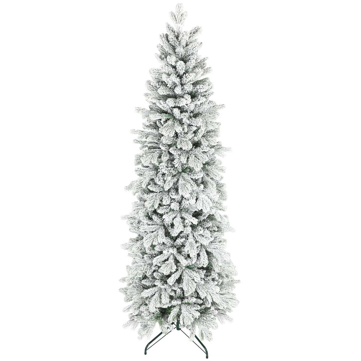 7ft slim pencil Christmas tree with green branches and frosted white tips