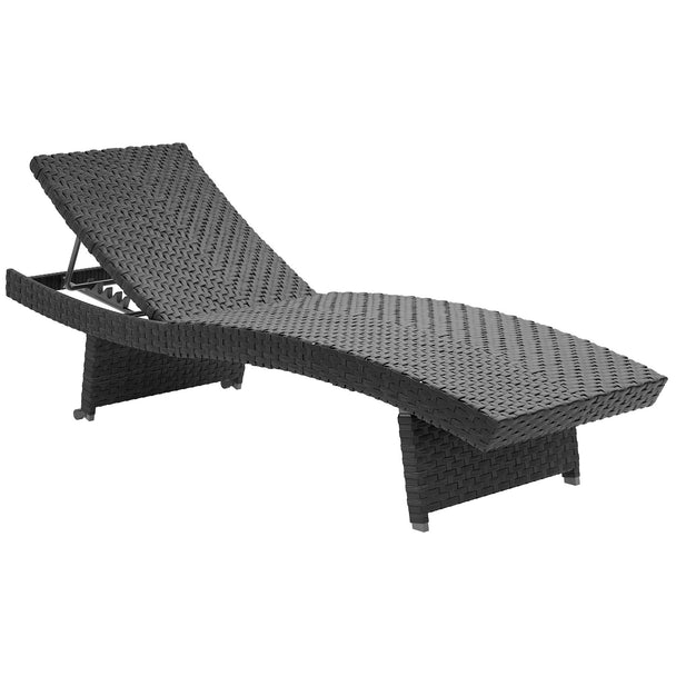 Black folding rattan sun lounger with wheels and S-shaped curve