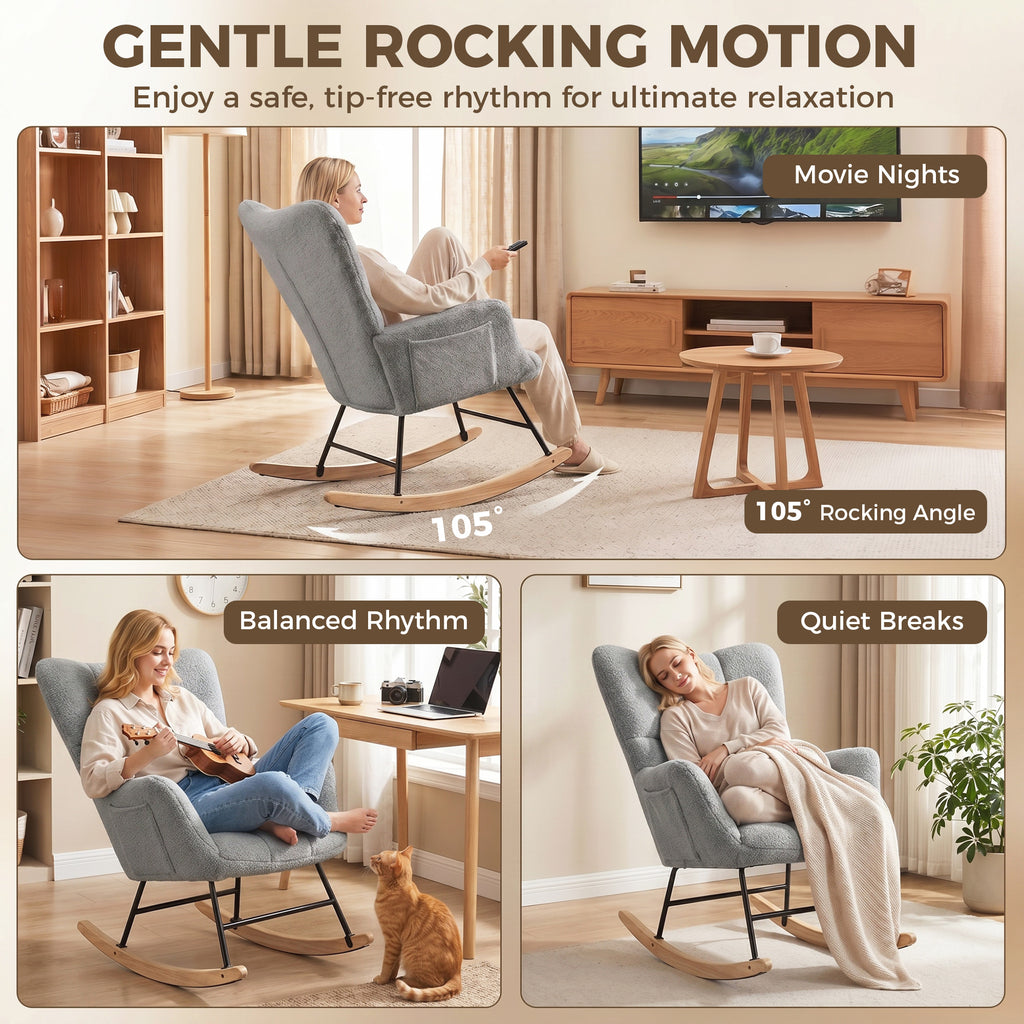 Rocking Chair, Teddy Fleece Rocker Chair with Tufted Wingback, Side Pockets, Rubber Wood Legs, Light Grey