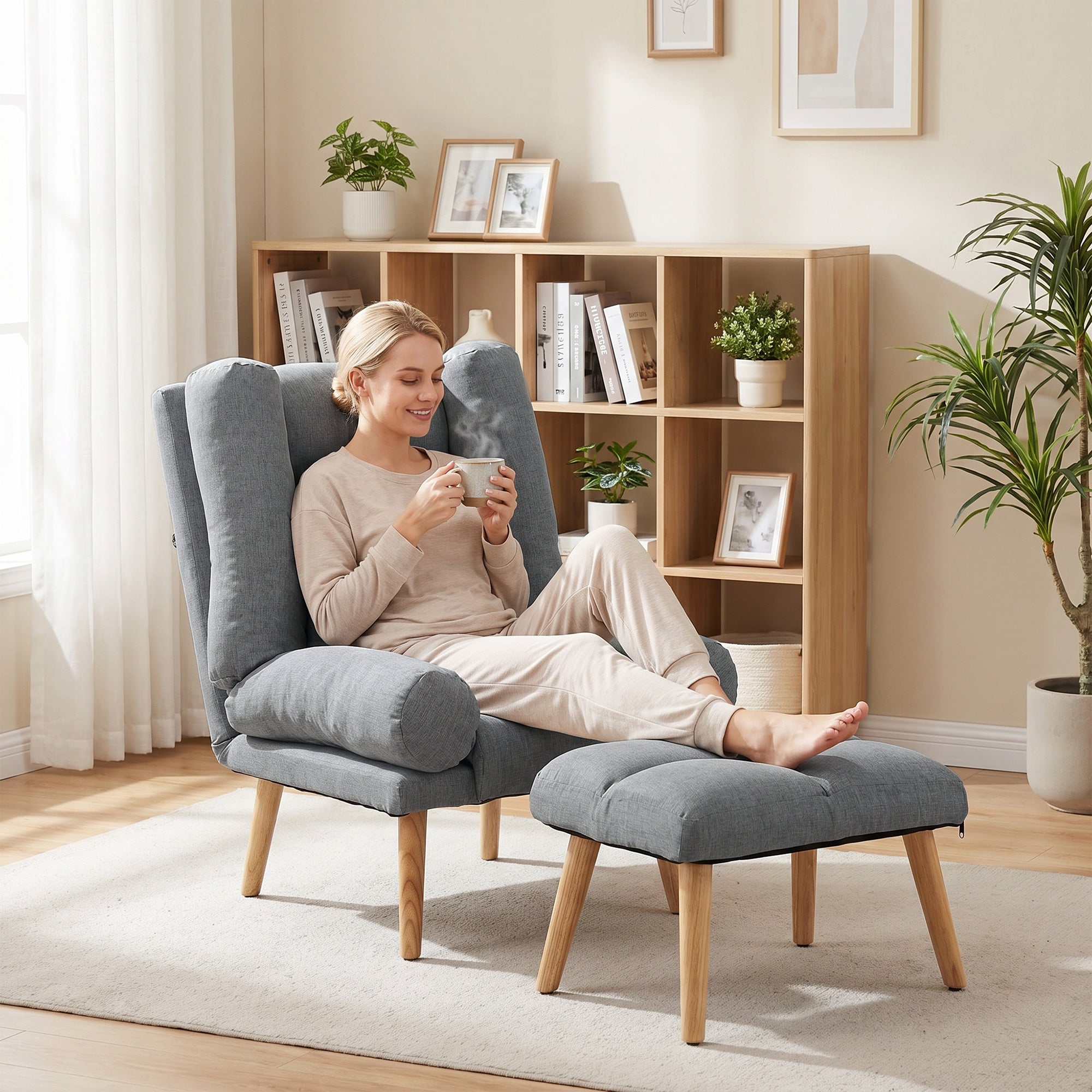 Recliner Chair with Footstool, Recliner Armchair with Adjustable Backrest, Thick Cushion and Wooden Legs, Grey