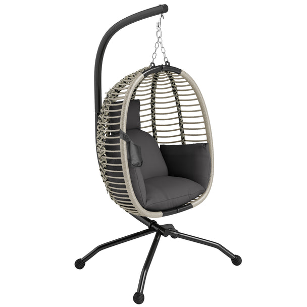 Dark grey rope-weave hanging egg chair with black steel stand and thick padded cushion