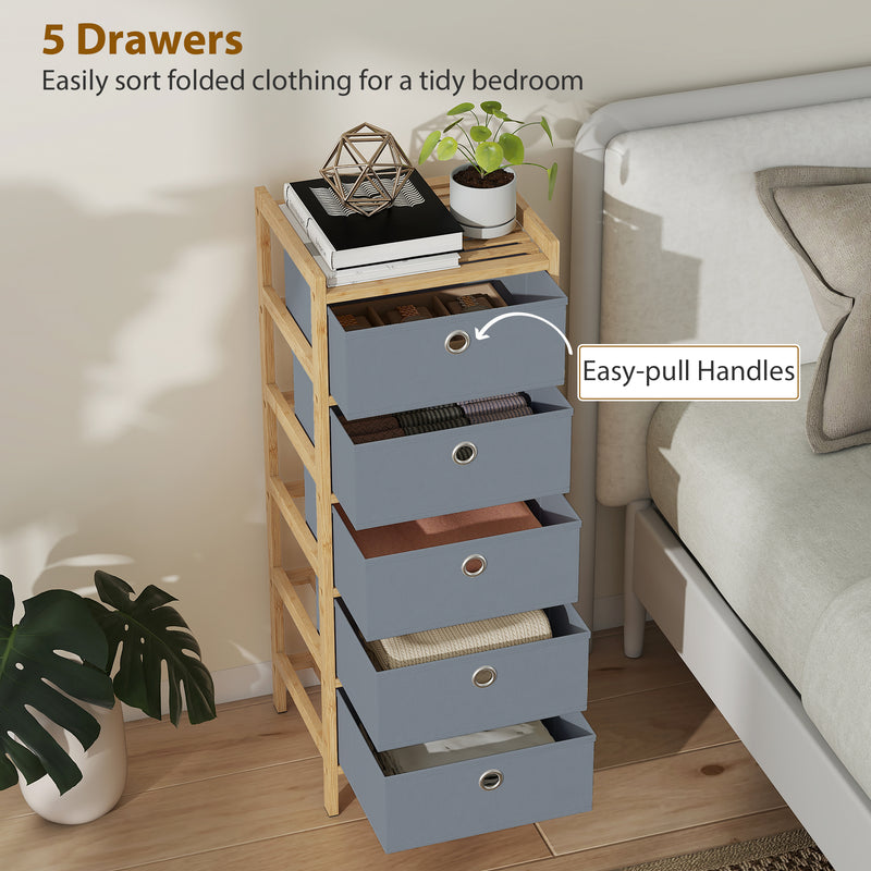 HOMCOM Chest of Drawers, 5 Fabric Drawers Narrow Dresser with Bamboo Frame, Light Grey – view 4