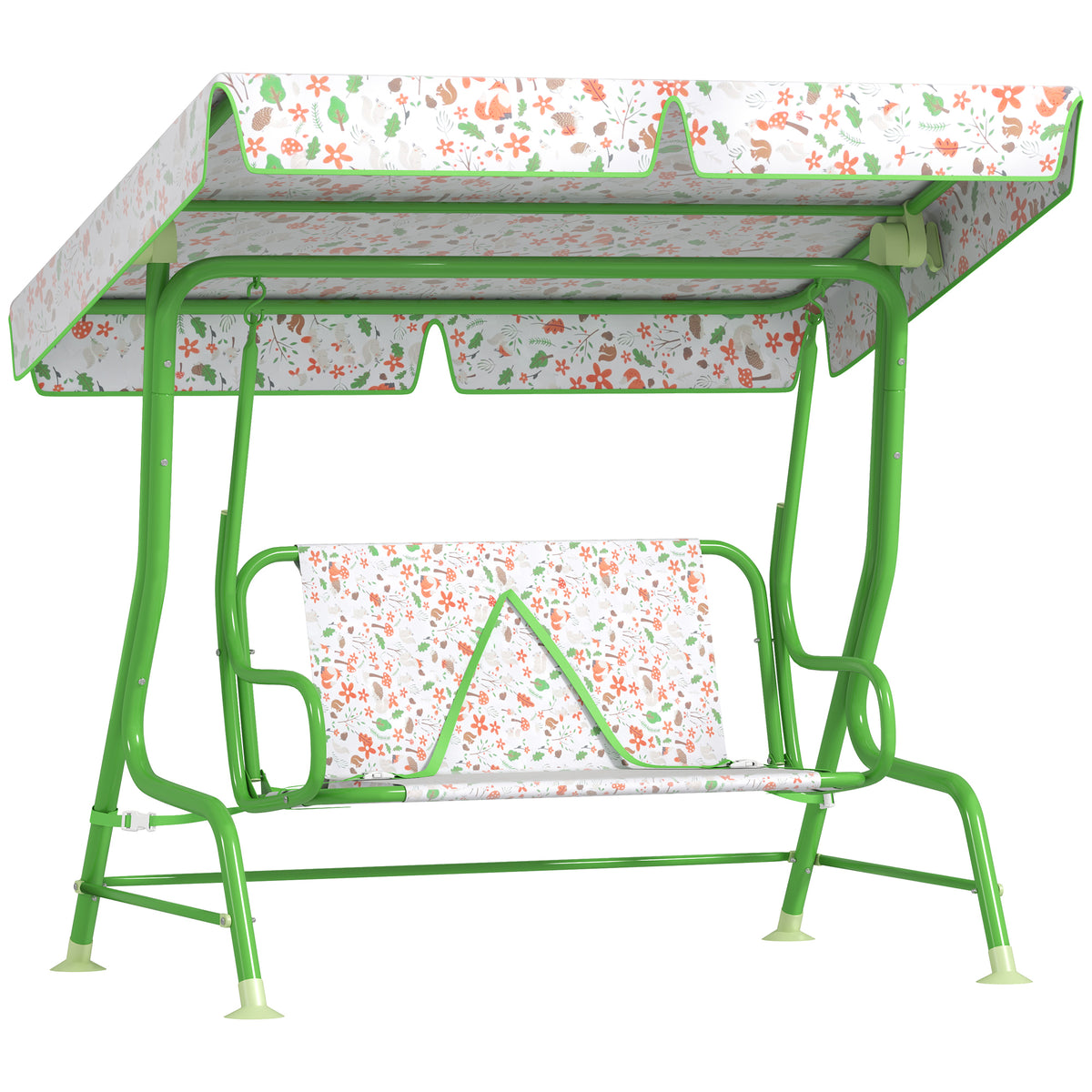 Green kids' 2-seater garden swing chair with fox-print seat, adjustable canopy and steel frame