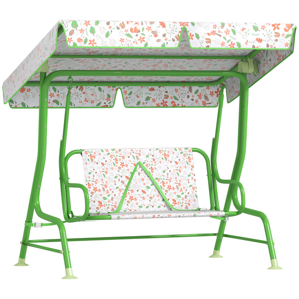 Green kids' 2-seater garden swing chair with fox-print seat, adjustable canopy and steel frame