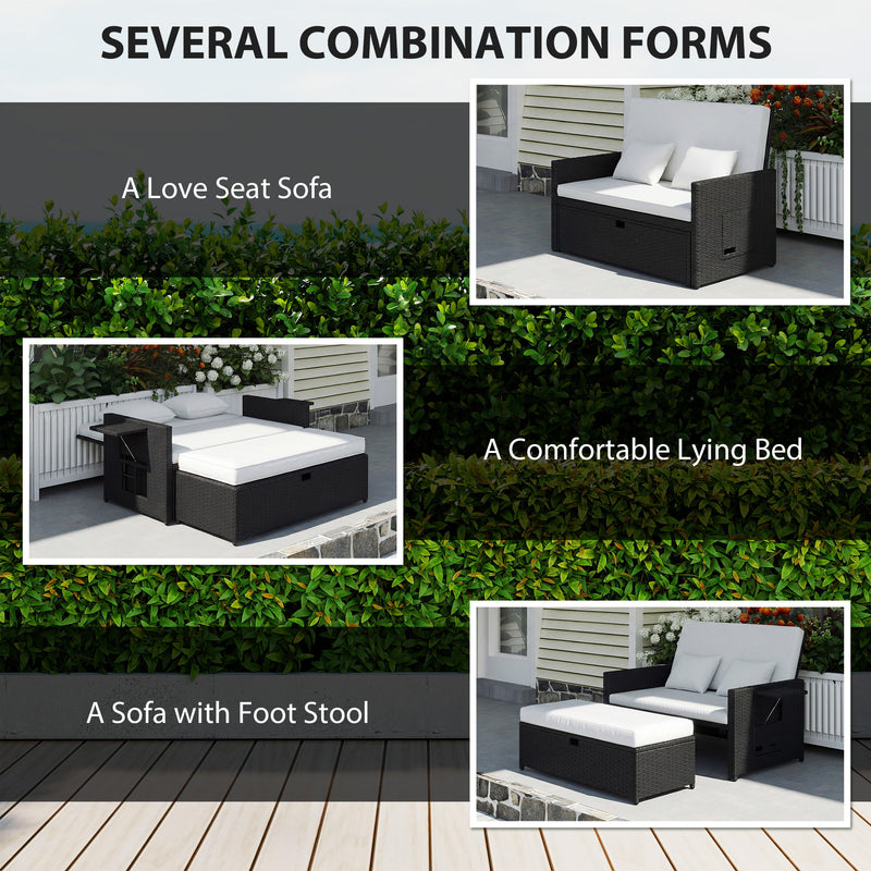 Outsunny Rattan Garden Daybed, Double Sun Lounger with 5-Level Adjustable Back, Storage Ottoman, Cream White – view 5