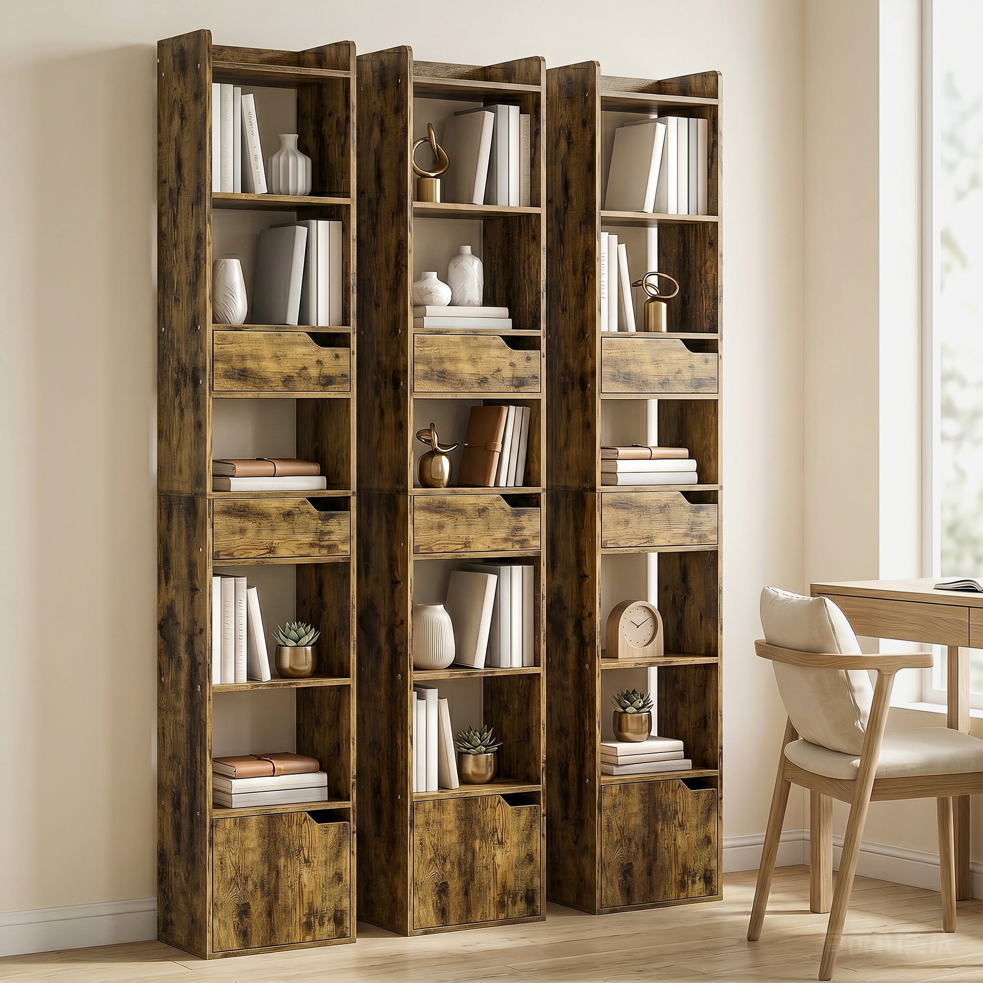 Bookcase Tall Narrow with 5 Tiers and Drawers Freestanding Bookshelf Storage Cabinet for Living Room Rustic Brown