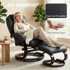 Swivel Recliner Chair with Footstool, PU Leather Recliner Armchair with Adjustable Back and Wood Frame, Black