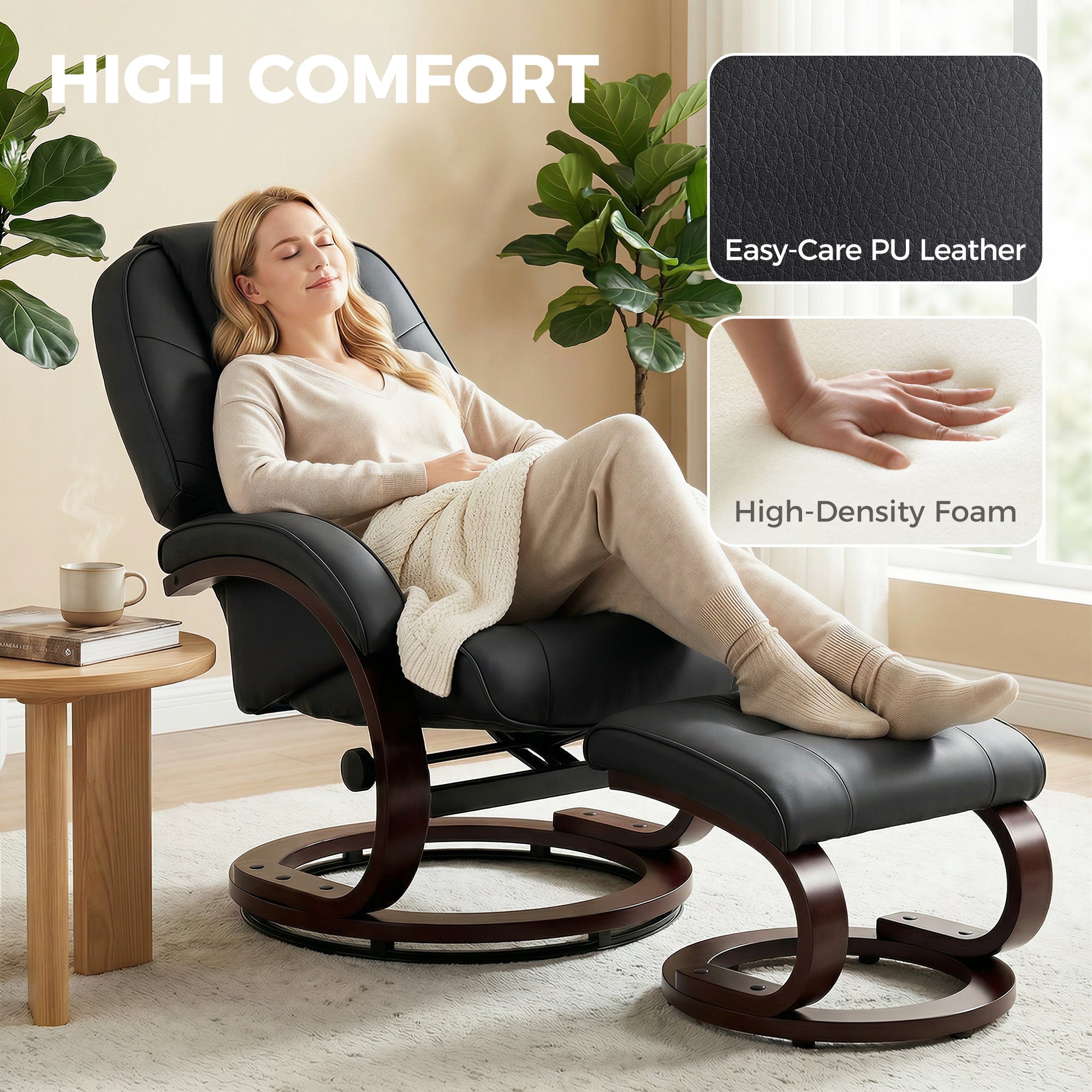 Swivel Recliner Chair with Footstool, PU Leather Recliner Armchair with Adjustable Back and Wood Frame, Black