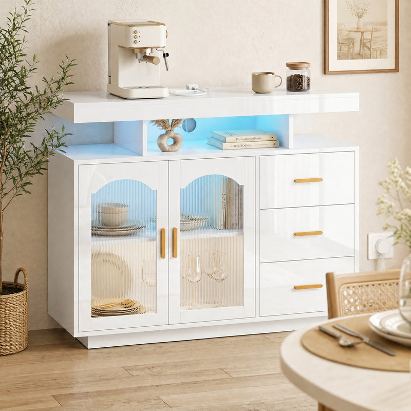 HOMCOM High Gloss Sideboard with LED Lights, Built-in Power Outlets, 3 Drawers, Shelves and 2 Acrylic Doors, White – view 2
